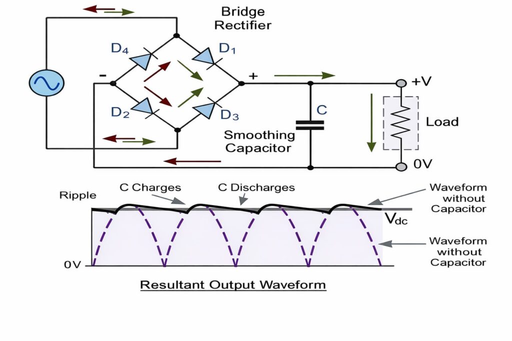 bridge rectifier circuit diagram with capacitor smoothing output waveform.png