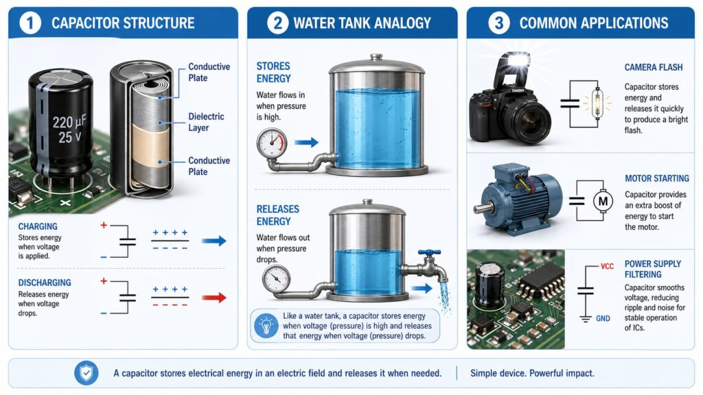 Infographic of capacitor basics structure analogy applications diagram