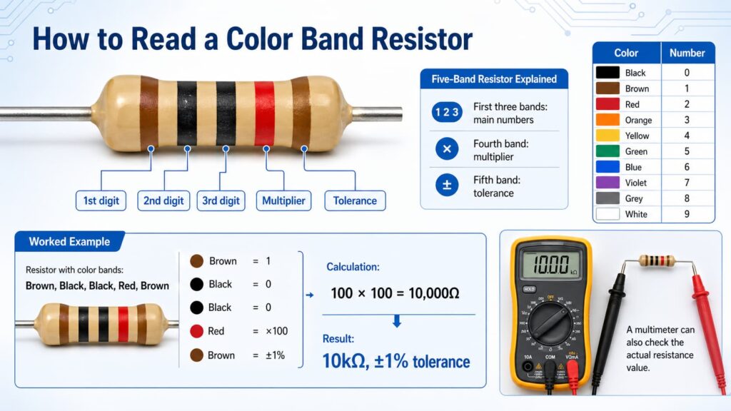 Infographic offive band resistor color code reading guide diagram