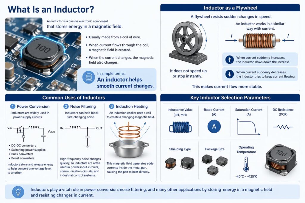 Infographic of inductor basics principle applications selection guide diagram`