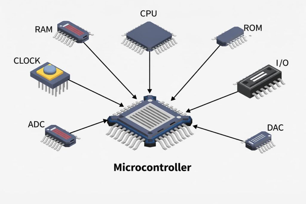 microcontroller block diagram cpu ram rom adc dac io clock architecture.png