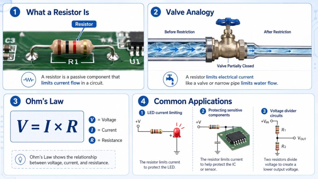 Infographic of resistor basics works principle applications electronics diagram