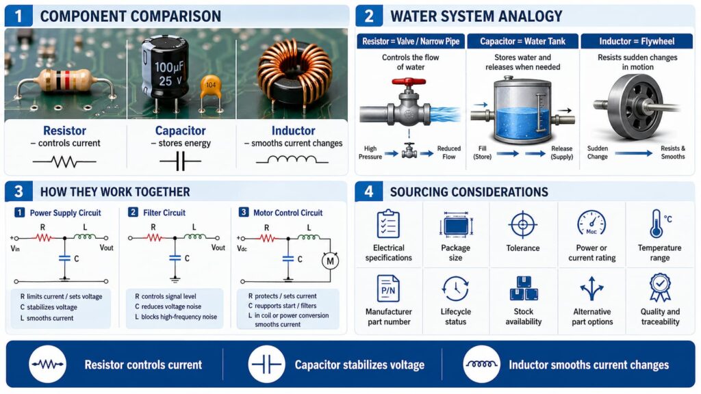 Infographic of resistor capacitor inductor electronics comparison guide diagram