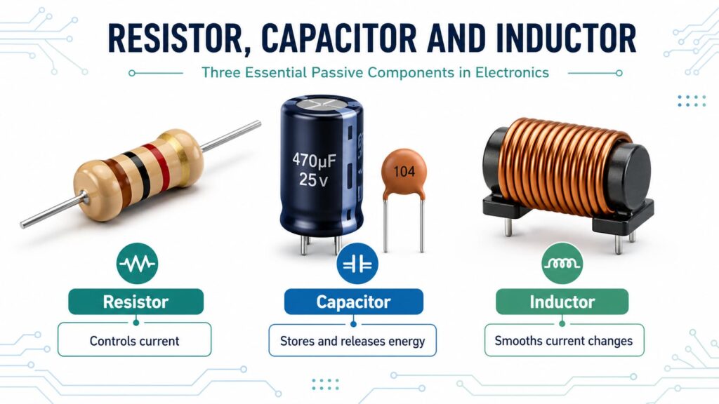 Infographic of resistor capacitor inductor passive components electronics