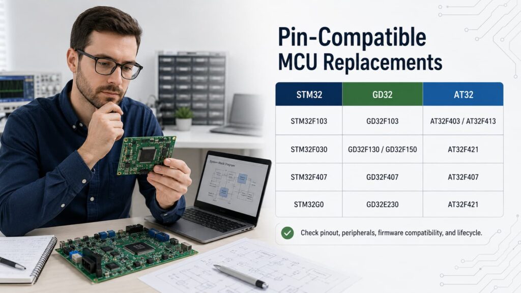 Infograhic Of Engineer evaluating pin compatible MCU replacements for embedded systems