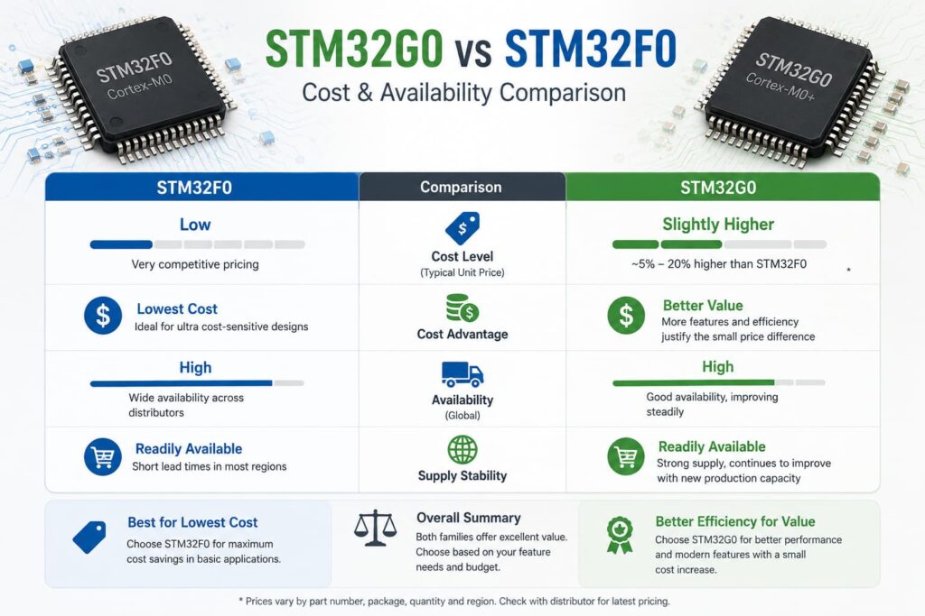 Infograhic Of STM32G0 vs STM32F0 Cost and Availability Comparison