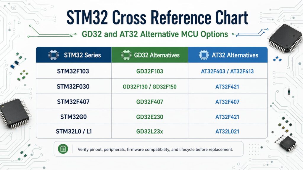 Infograhic Of STM32 cross reference chart showing GD32 and AT32 alternatives