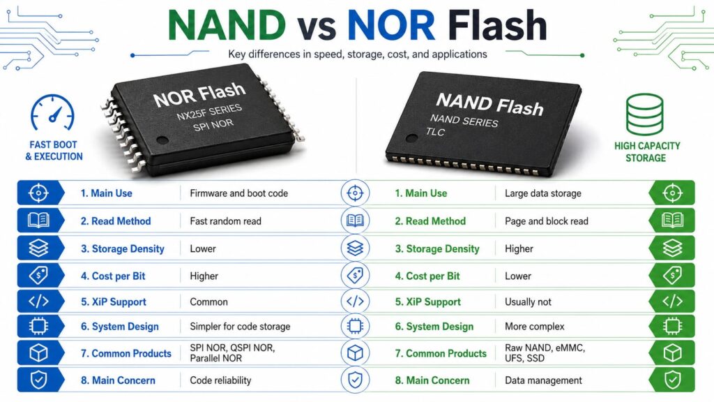 infoarahic of NAND vs NOR Flash Main Differences