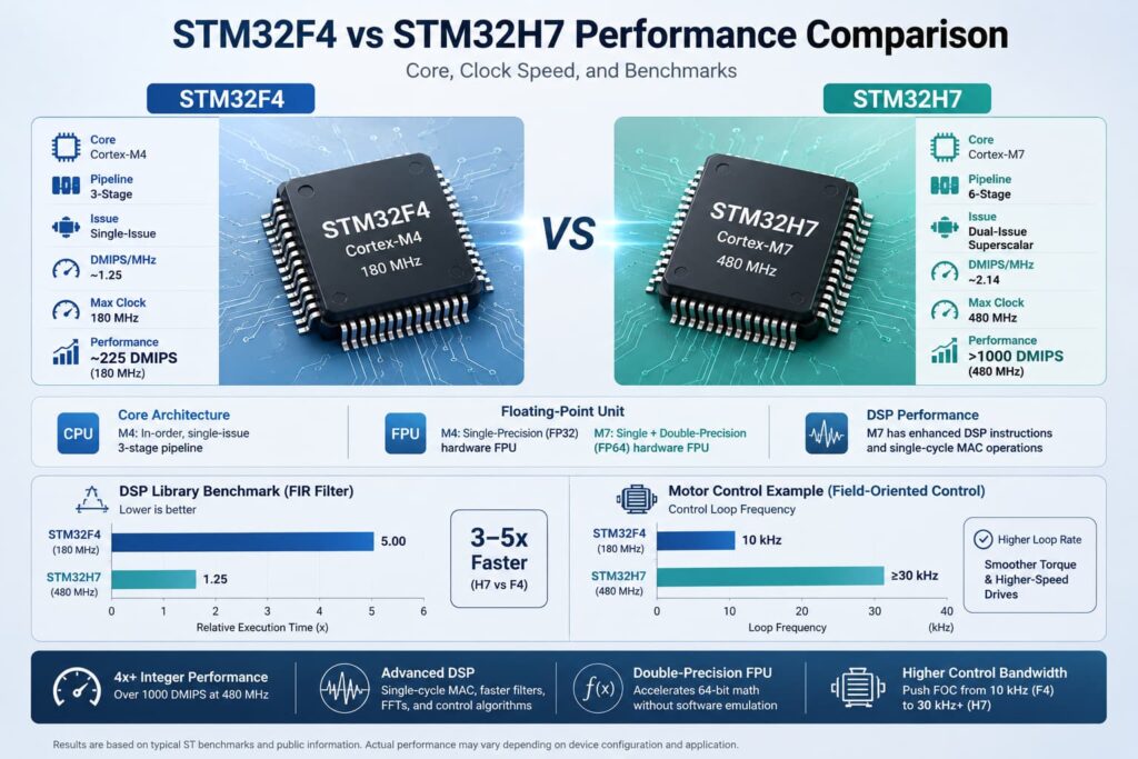 infoarahic of stm32f4 and stm32h7 Performance Comparison Core Clock Speed and Benchmarks