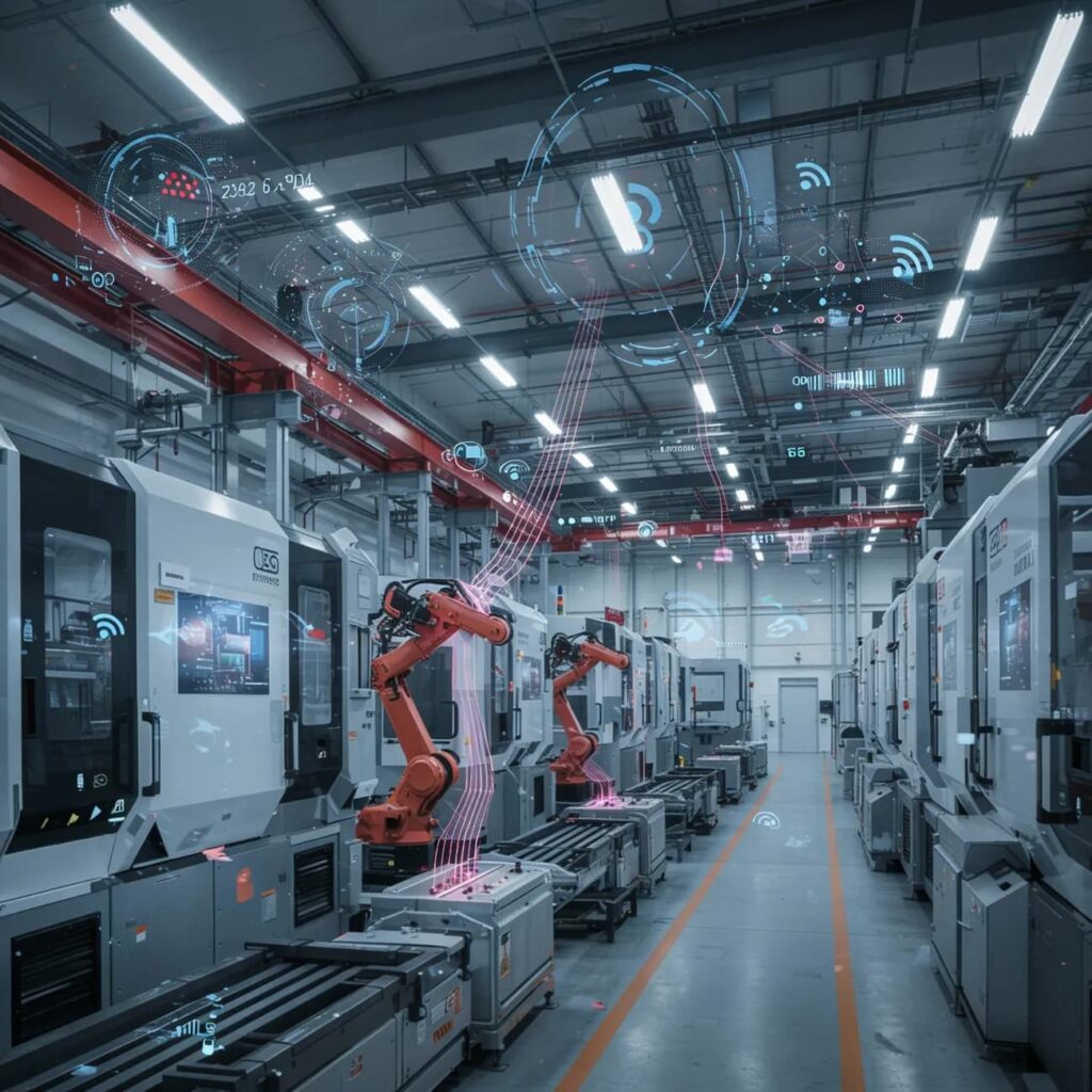 infograhic of A smart factory floor with connected machines and sensors, illustrating the IIoT ecosystem.