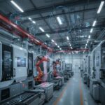 infograhic of A smart factory floor with connected machines and sensors, illustrating the IIoT ecosystem.
