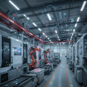infograhic of A smart factory floor with connected machines and sensors, illustrating the IIoT ecosystem.