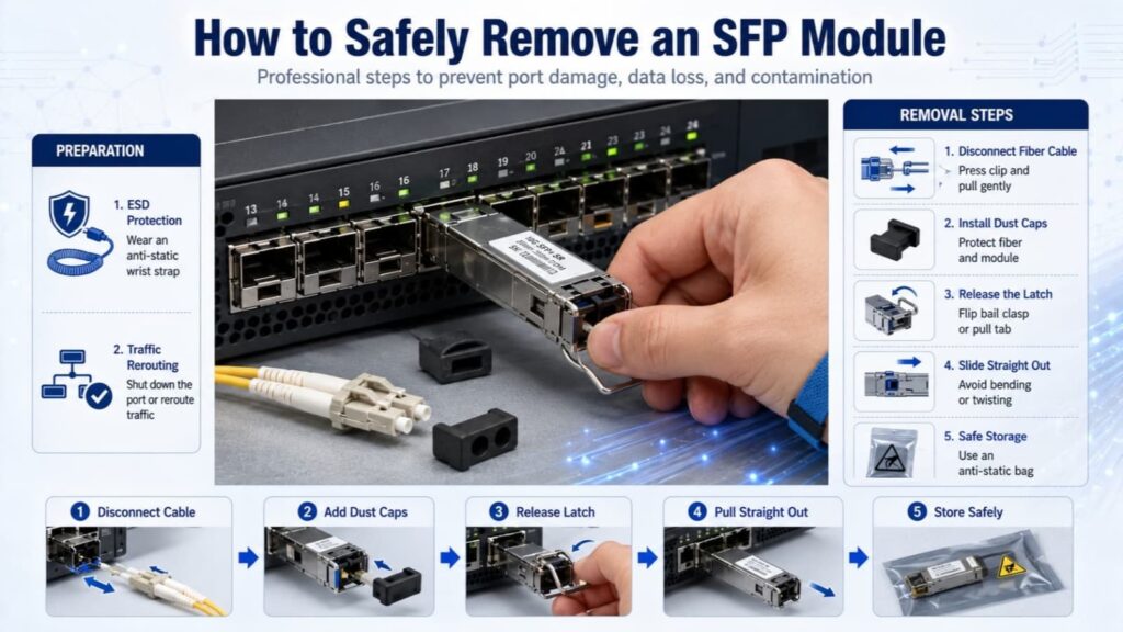 infograhic of How to Safely Remove an SFP Module