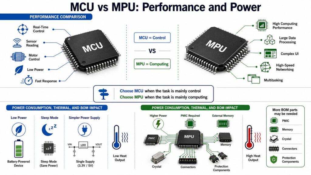 infograhic of MCU vs MPU Performance, Power Consumption, and Selection