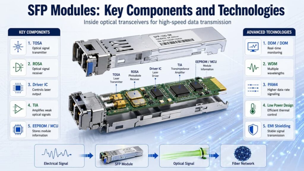 infograhic of SFP Modules Key Components and Advanced Technologies