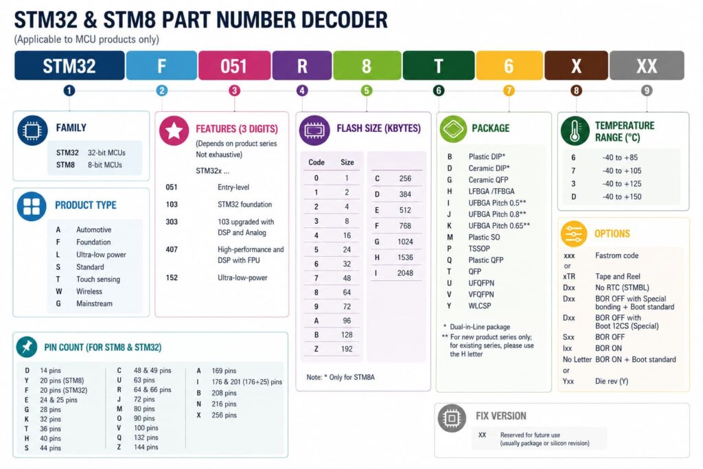infograhic of STM32 & STM8 PART NUMBER DECODER
