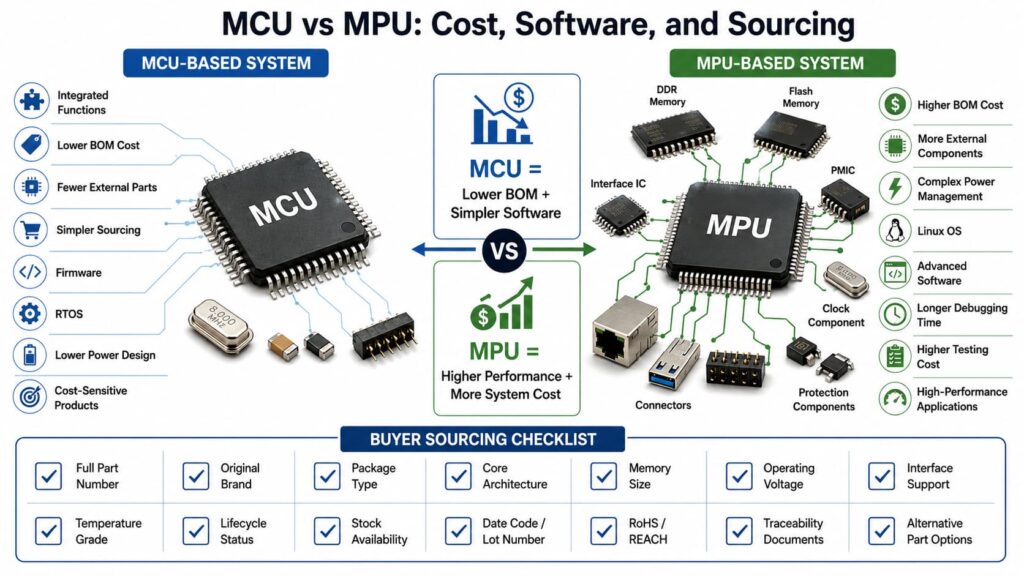 infographic of MCU vs MPU Cost, Software, and Sourcing Considerations