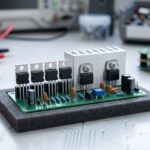 78xx voltage regulator selection guide showing TO-220 linear regulators, LM317 adjustable regulator circuit, capacitors, PCB and heatsink on a clean white electronics workbench