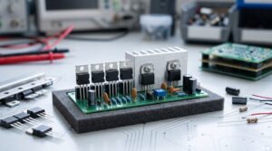78xx voltage regulator selection guide showing TO-220 linear regulators, LM317 adjustable regulator circuit, capacitors, PCB and heatsink on a clean white electronics workbench