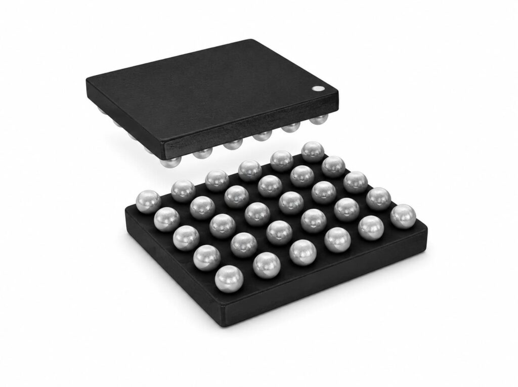 BGA semiconductor chip package with solder ball array on white background