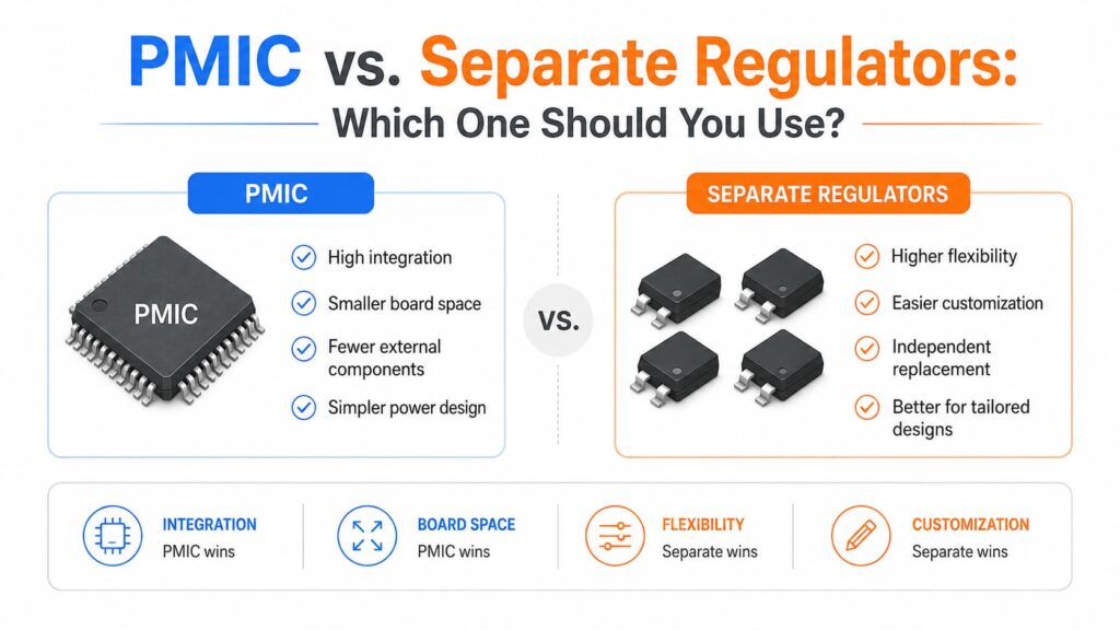 PMIC vs separate regulators comparison showing integration, board space, flexibility, and customization differences for power management design