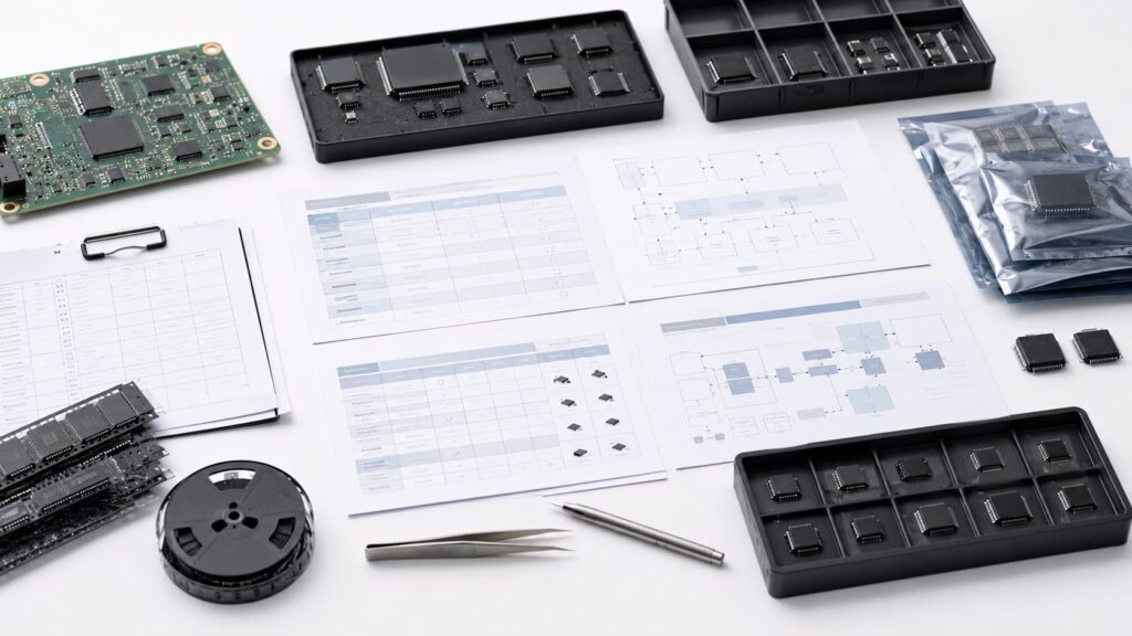 Alternative IC search workflow with BOM sheet, generic IC chips, manufacturer cross-reference documents, distributor comparison sheets and lifecycle review materials