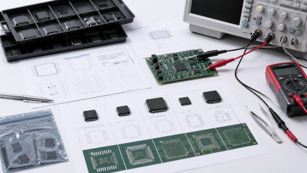 Form Fit Function validation framework for IC replacement showing package review, pin compatibility check, PCB footprint sample and electrical testing setup