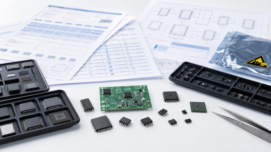 IC replacement and component cross-reference guide showing generic IC chips, BOM comparison sheets, datasheet documents, package drawings and PCB sample for alternative component review