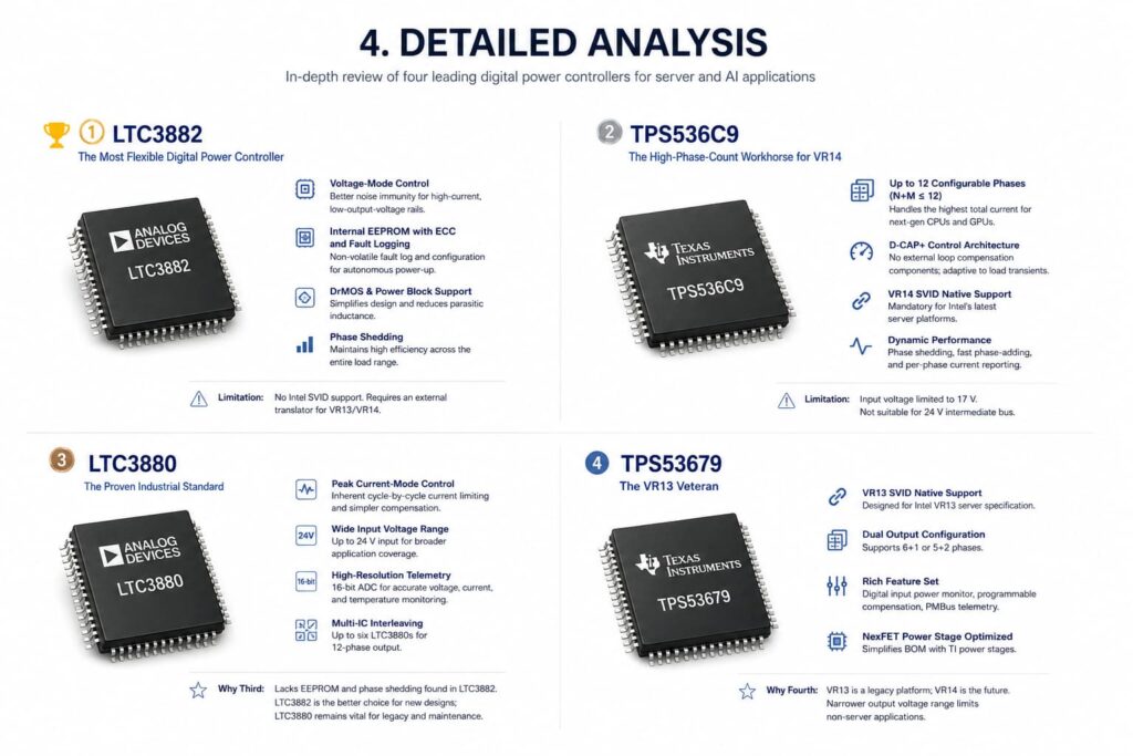 Infographic comparing LTC3882, TPS536C9, LTC3880, and TPS53679 digital power controllers with chip visuals for AI server and data center power applications