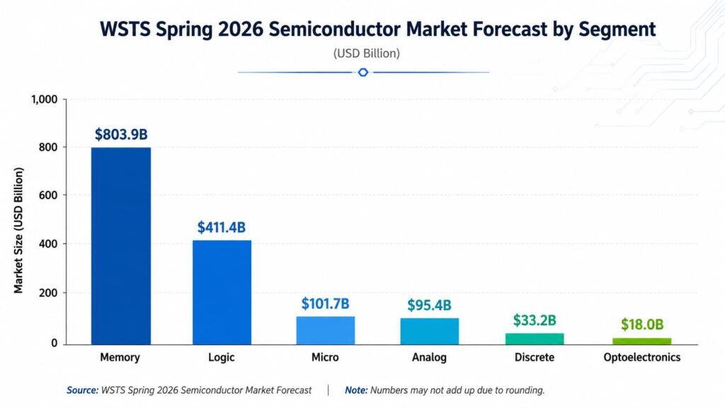 WSTS Spring 2026 semiconductor market forecast by segment: memory $803.9B, logic $411.4B, micro $101.7B, analog $95.4B, discrete $33.2B