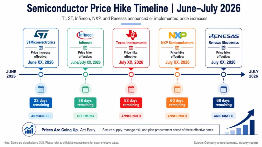 TI, ST, Infineon, NXP, Renesas price hike timeline June-July 2026 with countdown days remaining