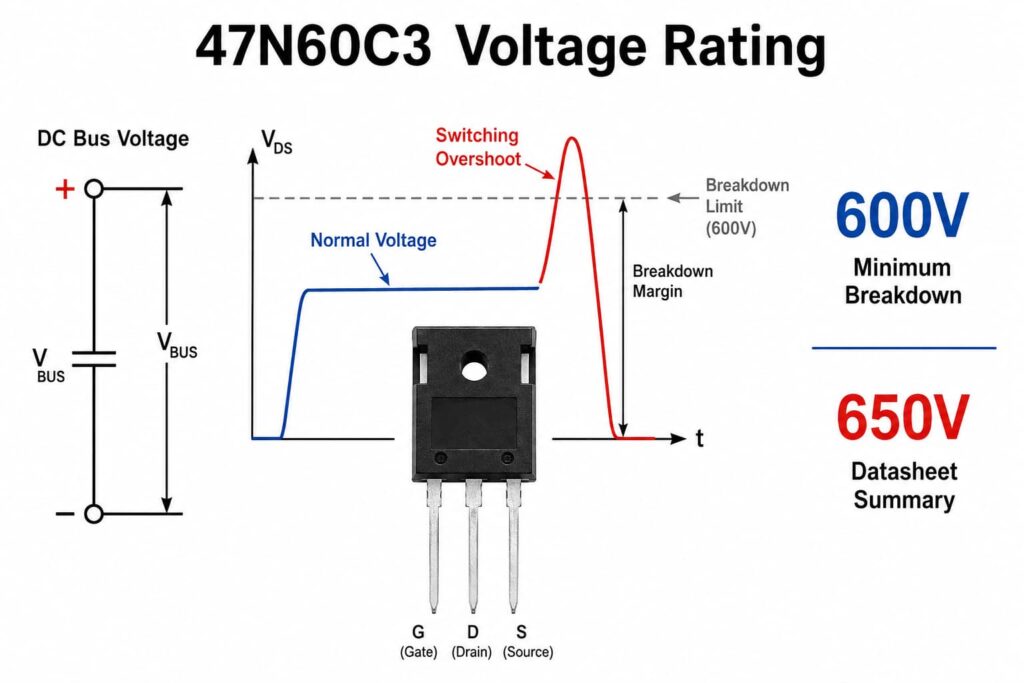 47N60C3 MOSFET voltage rating diagram showing 600V breakdown and switching overshoot