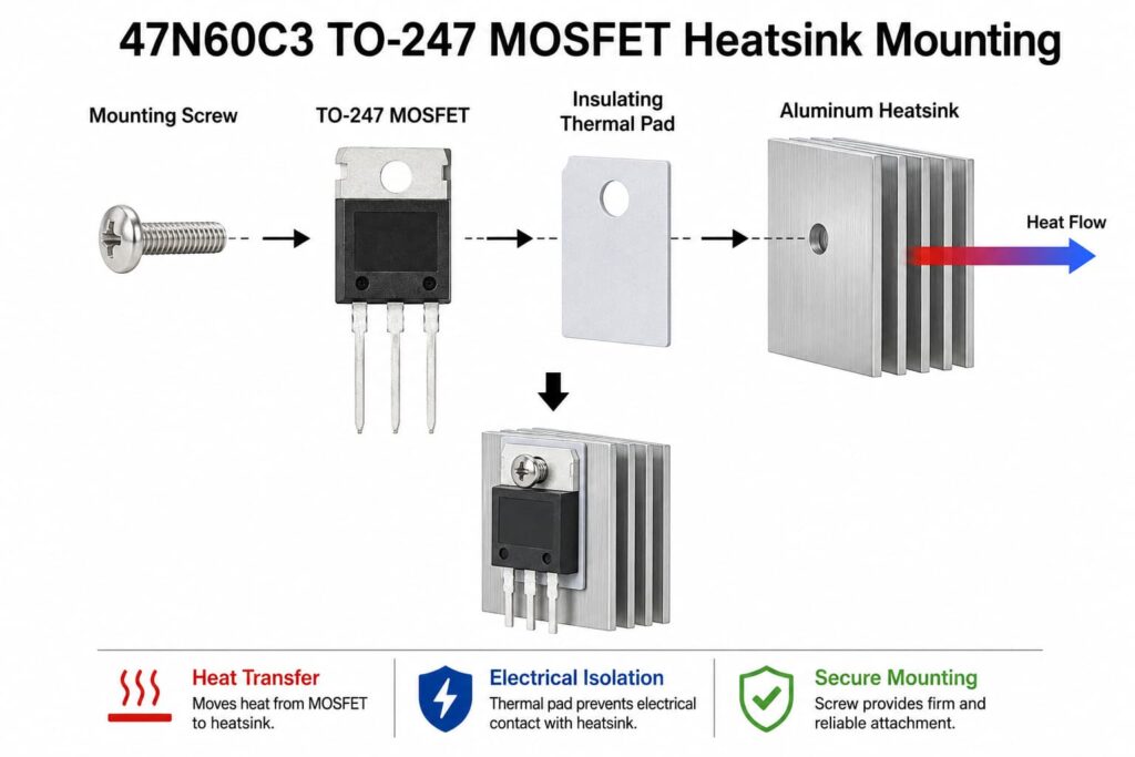 47N60C3 TO-247 MOSFET mounted on an aluminum heatsink with thermal pad