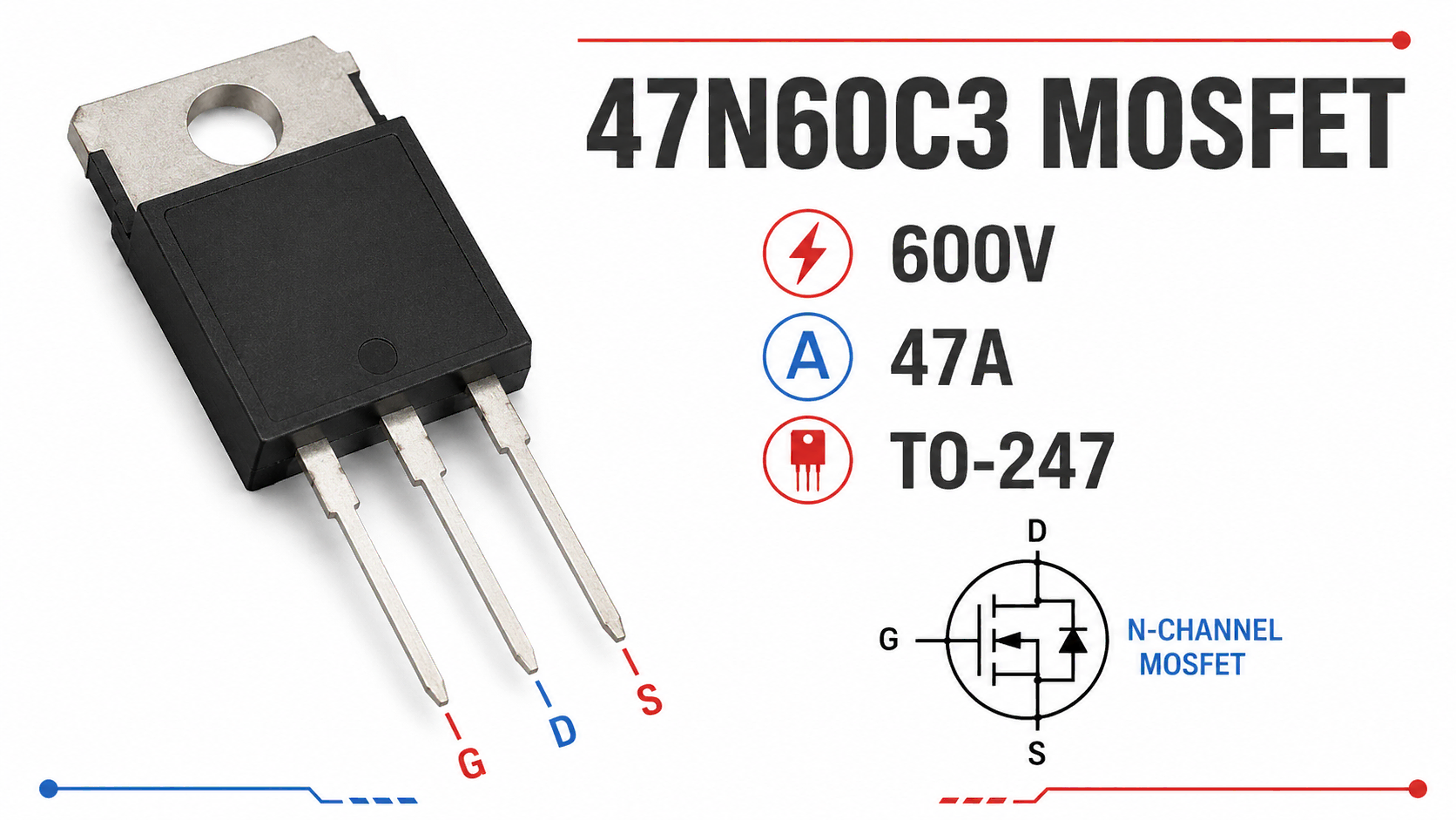 47N60C3 MOSFET product image with pinout specifications and replacement information
