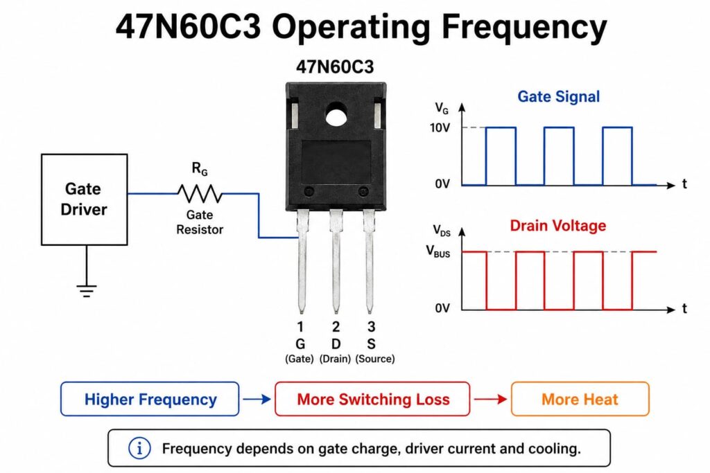 47N60C3 MOSFET switching frequency diagram with gate driver and waveforms