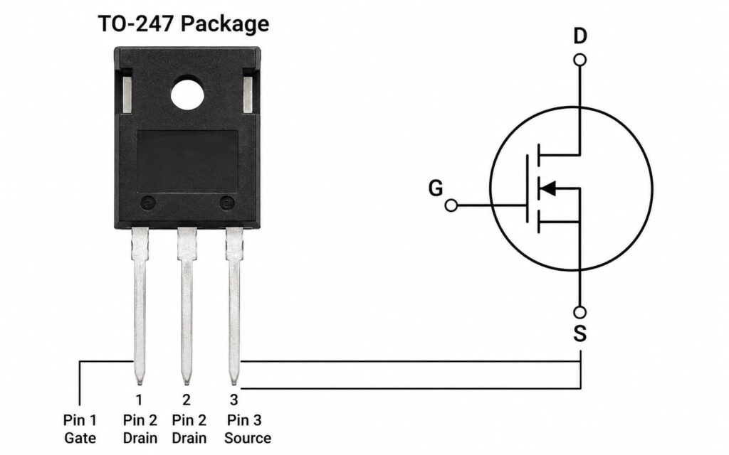 47N60C3 MOSFET pinout diagram showing Gate Drain and Source