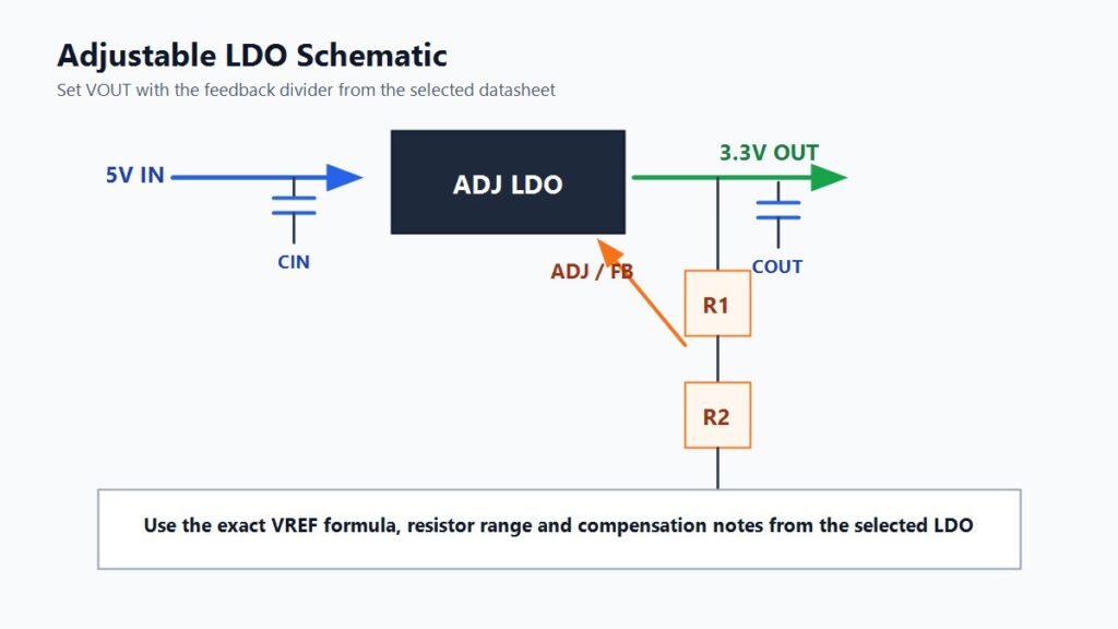 Adjustable LDO schematic with R1 and R2 feedback divider for setting output voltage