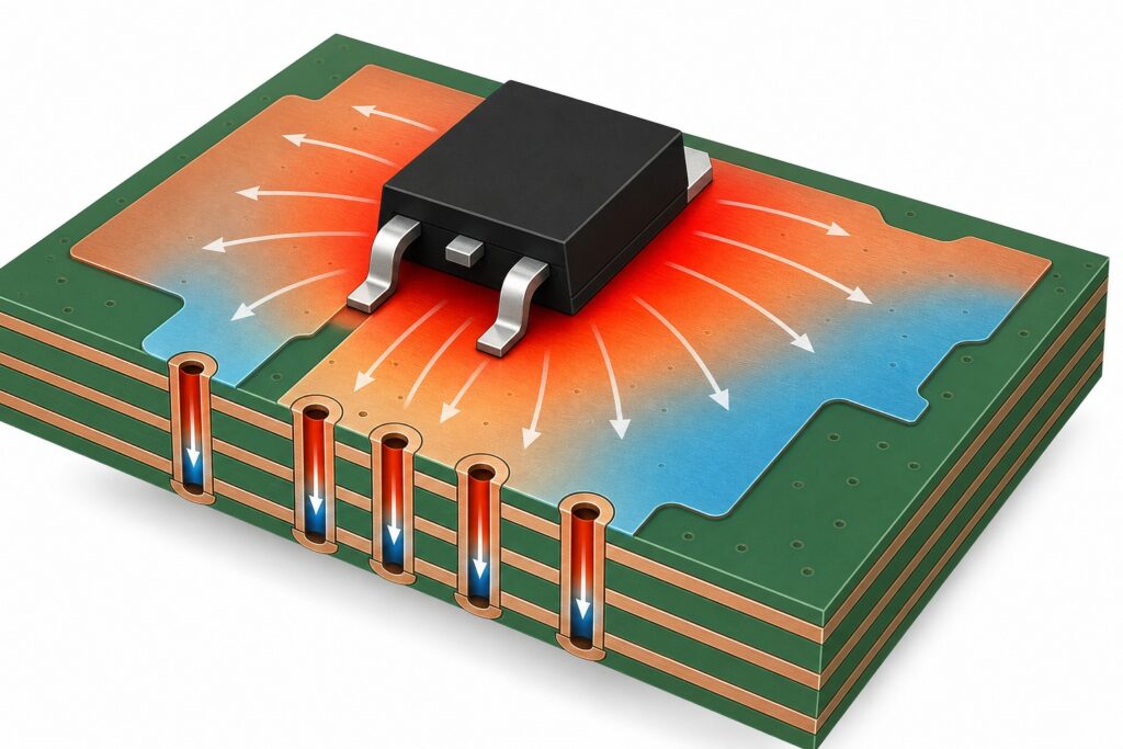 DPAK MOSFET thermal layout showing heat spreading through PCB copper and thermal vias