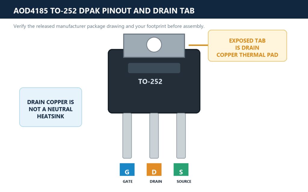 AOD4185 TO-252 DPAK pinout showing Gate Drain Source and drain-connected tab