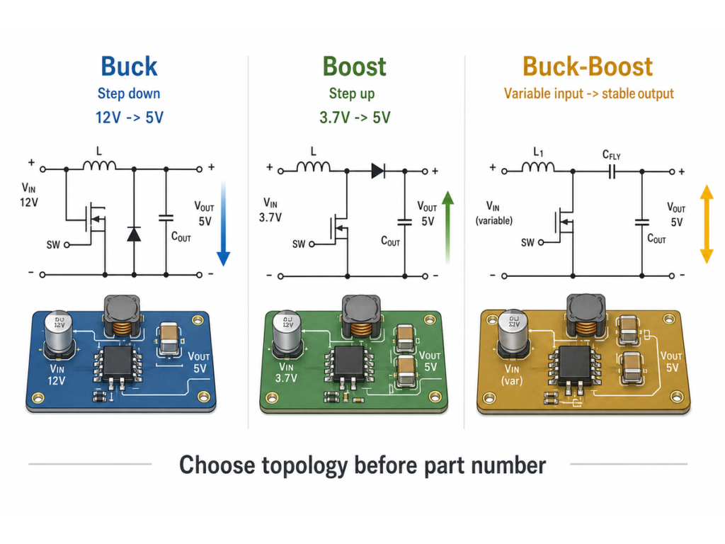 Buck boost and buck-boost topology comparison showing voltage step-down, voltage step-up and variable input to stable output conversion