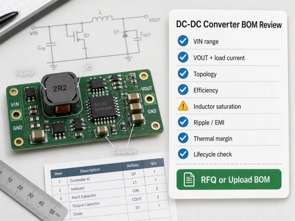 DC-DC converter BOM review checklist covering input voltage range, output current, topology, efficiency, inductor saturation, ripple EMI, thermal margin and lifecycle verification