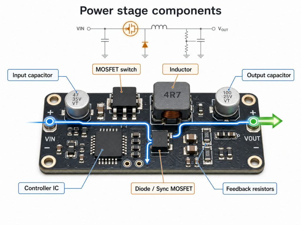 DC-DC converter power stage components including controller IC, MOSFET switch, inductor, diode or synchronous MOSFET, input capacitor, output capacitor and feedback resistors