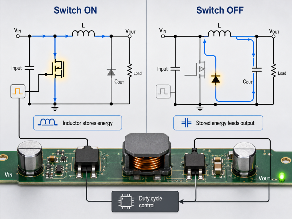 DC-DC converter switch on and switch off working principle showing inductor charging, energy release, output capacitor smoothing and duty cycle control