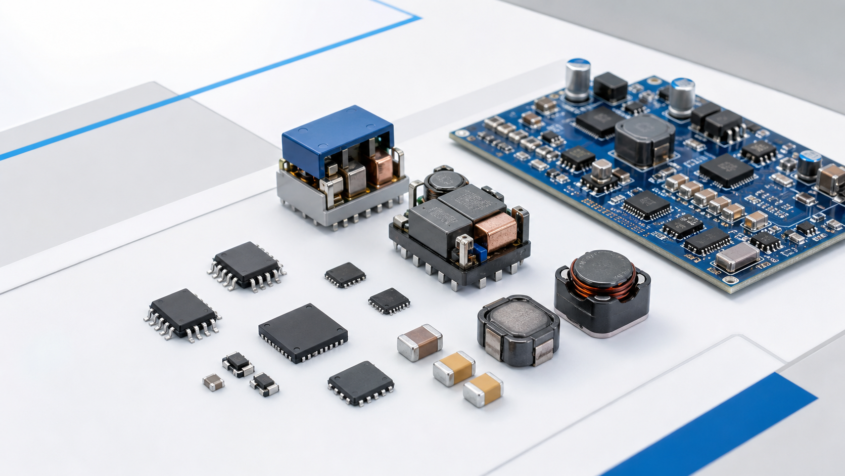 DC-DC converter ICs and compact power modules on a technical studio surface