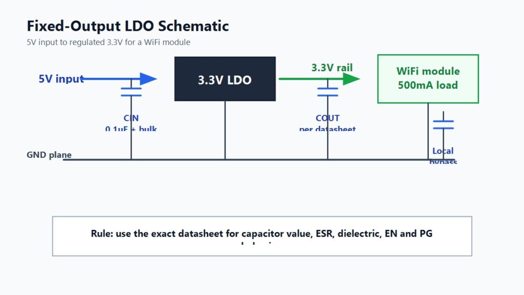 Fixed-output LDO schematic converting 5V to 3.3V for a WiFi module