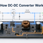 How DC-DC converter works with MOSFET switching, inductor energy storage, output capacitor filtering and feedback control