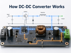 How DC-DC converter works with MOSFET switching, inductor energy storage, output capacitor filtering and feedback control