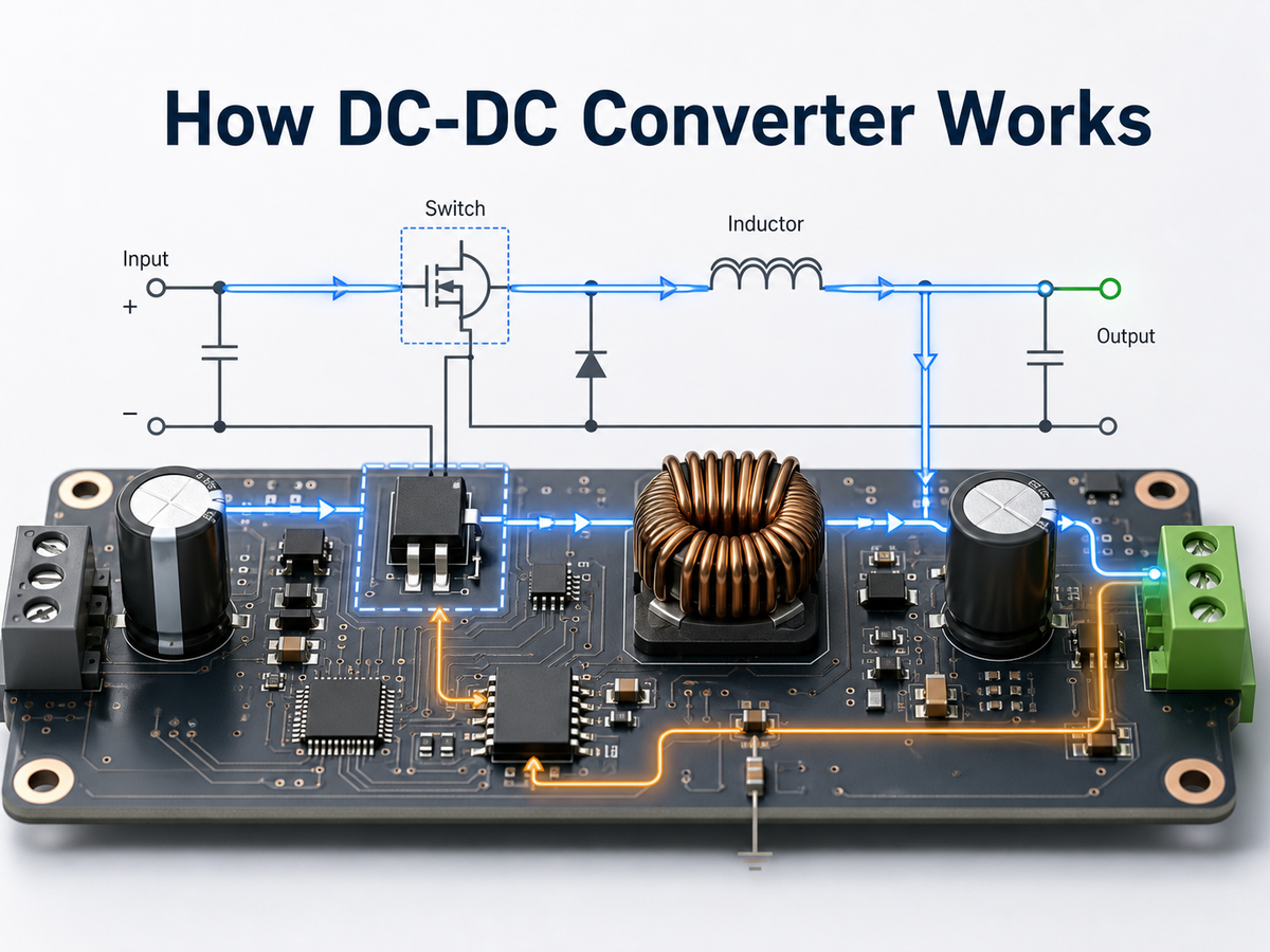 How DC-DC converter works with MOSFET switching, inductor energy storage, output capacitor filtering and feedback control