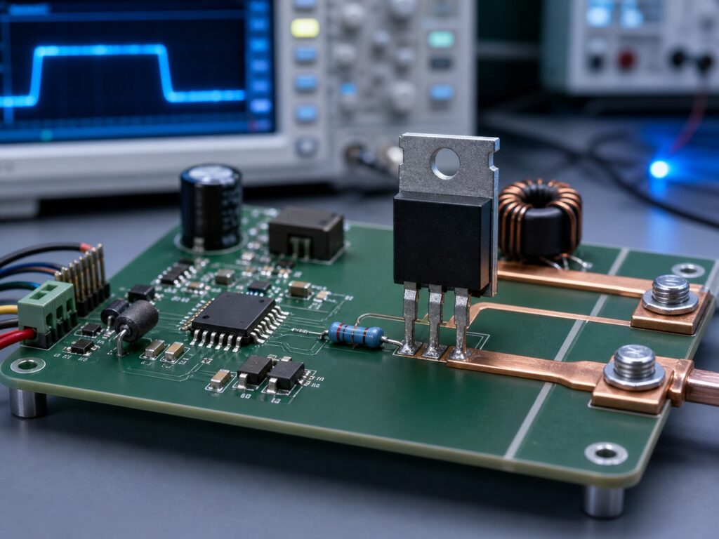 Power MOSFET gate-drive and switching layout concept for HY3215 circuit review.