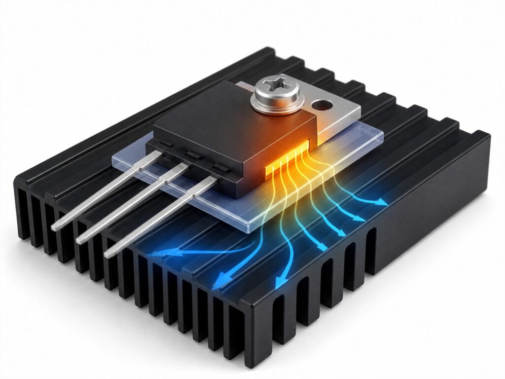 Power MOSFET thermal path from package through thermal interface to heatsink.